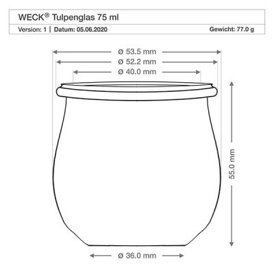 Technische Zeichnung WECK Tulpenglas 75ml RR40 mit Maßangaben Durchmesser Höhe Gewicht Produktspezifikation