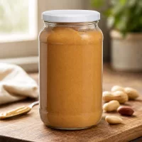 1062ml Rundglas mit BasicSeal Deckel gefüllt mit Erdnussbutter auf Holzbrett mit Erdnüssen Vorratsglas Küche