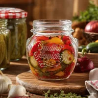 300ml Quattro Stagioni Einmachglas mit eingelegtem Gemüse auf Holzbrett in rustikaler Küche