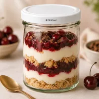 UNiTWIST 167ml Sturz-Glas mit BioSeal Deckel Schichtdessert Kirschkompott Crumble Dessertglas Küchenszene goldener Löffe