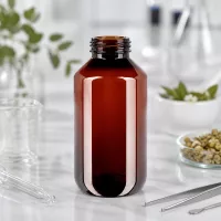 Kompakte PET Flasche 200ml braun mit weißem OV für Naturheilmittel und Pflanzenstoffe