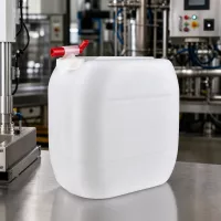Rechteckiger 30L Kanister mit seitlichem Zapfventil auf metallischer Arbeitsfläche