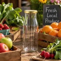 UNiTWIST Glasflasche 150ml mit goldenem TO43 BioSeal Deckel zwischen frischem Obst und Gemüse auf Holztisch