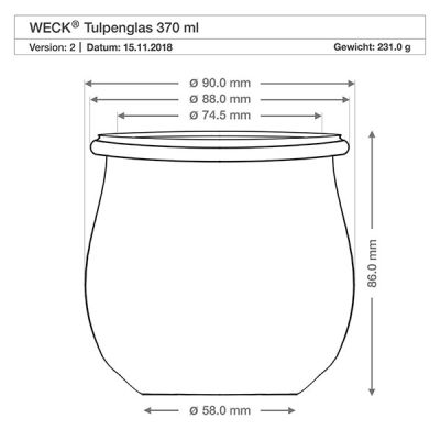 Technische Zeichnung WECK Tulpenglas RR80 370ml mit Maßangaben und Produktspezifikationen, Gewicht 231g