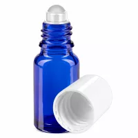 Blaues Roll-On Fläschchen 10ml mit weißem Schraubverschluss und Applikatorkugel aus Glas
