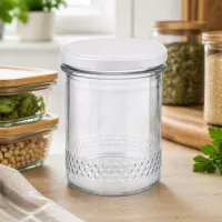 400ml Honigglas leer in Küchenambiente mit anderen Vorratsgläsern dekorative Aufbewahrung Wabenmuster BasicSeal Deckel