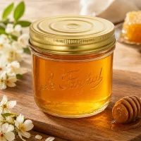 Honig im 415ml Sturzglas Le Parfait Familia Wiss mit goldenem Deckel auf Holzbrett mit Blüten und Honiglöffel