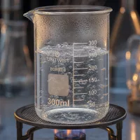 UNiTWIST Becherglas BORO 3.3 Glas 300ml auf Metallgitter über Gasflamme erhitzt