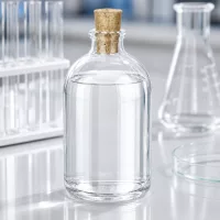 Miniaturflasche Klarglas 100ml mit konischem Korken auf Labortisch