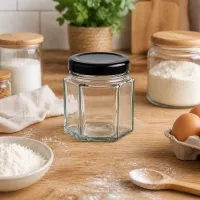 47ml Hexaglas mit schwarzem Deckel in Backküche zwischen Mehl, Eiern und Vorratsgläsern auf Holzarbeitsfläche