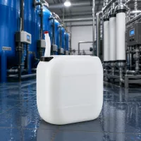 Leerer weißer Großkanister 30 Liter mit beweglichem Ausgießrohr auf blauem Industrieboden