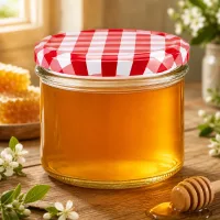 225ml Sturzglas mit Honig gefüllt und rot-weiß kariertem Deckel neben Honiglöffel und Blütendekoration