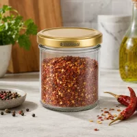 BioSeal 200g Gewürzglas mit Chilliflocken gefüllt goldener Deckel Küchenszenerie mit Pfefferkörnern und Chili