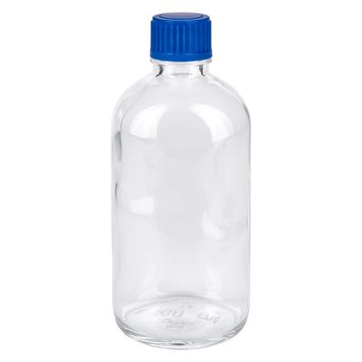 Leere 100ml Glasflasche ClearLine UT18 mit kindersicherem blauen Schraubverschluss