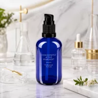 100ml Apothekerglasflasche in Royalblau mit schwarzer Dosierpumpe für Kosmetikserien