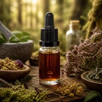 Kompakte 10ml Pipettenflasche schwarzer OV ClearLine umgeben von lila Heideblüten und Moosen