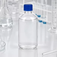 Abfüllflasche 100ml ClearLine UT18 transparentes Glas blauer Deckel für Pharmazie und Labor