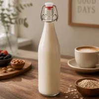 Bügelverschluss Glasflasche 500ml mit Hafermilch gefüllt auf Holztisch neben Kaffeetasse und Haferflocken