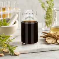 Klarglas Injektionsflasche 5ml für Naturextrakte mit Likörwurzel und grünen Kräutern dekoriert