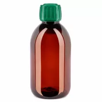 Nachhaltige 250ml PET Flasche braun mit grünem Sicherheitsverschluss für Flüssigkeiten