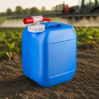 Rechteckiger Agrarkanister 5 Liter blau mit Absperrhahn auf Ackerboden bei Feldarbeit