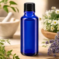 Blaue Tropfflasche 30ml aus Apothekerglas mit Naturkräutern und Gänseblümchen