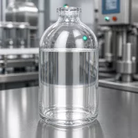Medizinische Klarglasflasche 100ml mit flachem Standboden vor industriellem Maschinenhintergrund