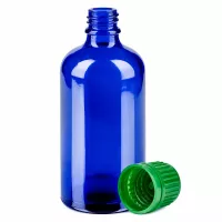 Apothekerflasche 100ml kobaltblau UV-Schutz mit grünem Kindersicherheitsverschluss UT18 Gewinde