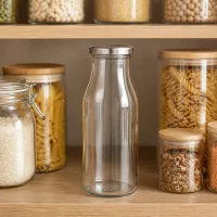 Schlanke 150ml Glasflasche mit silbernem Deckel im nachhaltigen Zero-Waste Vorratsregal