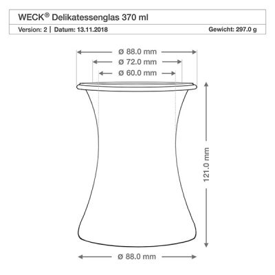 WECK Delikatessengl 370ml RR80 technische Zeichnung Maße Abmessungen Durchmesser Höhe Produktspezifikation