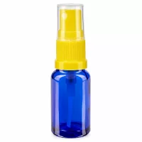 Kompakte blaue Lichtschutzglasflasche 30ml mit gelbem Sprühaufsatz und Staubschutzkappe