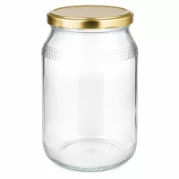 900ml Honigglas mit goldenem BasicSeal UNiTWIST Deckel - leeres Glasgefäß für Honig mit Wabenprägung