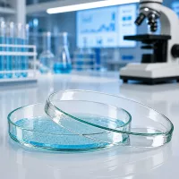 Borosilikatglas Petrischale 100x15mm mit aquamarinem Kulturmedium Laborumgebung
