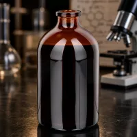 Hochwertige Braunglas Injektionsflasche 100ml mit glänzender Oberfläche auf schwarzer Laborplatte