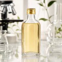 Kleine flache 100ml Glasflasche mit PP22 Golddeckel für Naturkosmetik und Pflegeprodukte