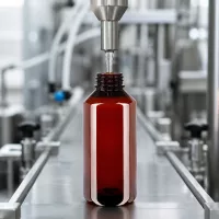 Automatisierte Serienabfüllung braune PET Flasche 1L mit weißem Originalverschluss Nahaufnahme
