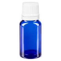 Pharmaflasche 10ml in Blauglas mit OV und präzisem 0,7mm Tropfeinsatz in Weiß
