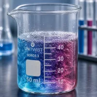 Laborbecherglas 50ml UNiTWIST mit zweifarbiger Flüssigkeit blau violett und Reagenzgläsern im Hintergrund