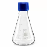 Glaskolben 250ml in konischer Form mit blauem Kunststoffverschluss für das Labor