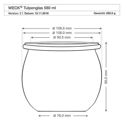 Technische Zeichnung WECK Tulpenglas 580ml RR100 mit Maßangaben und Abmessungen für Holzkugel-Deckel