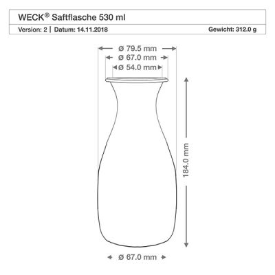 Technische Zeichnung der WECK Saftflasche 530ml mit Maßangaben Durchmesser 67mm Höhe 184mm Gewicht 312g