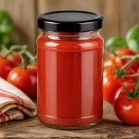 Transparentes Rundglas 110ml schwarzer Deckel befüllt mit frischer Tomatensoße UNiTWIST Set