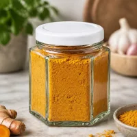 47ml Hexagon Glasgefäß mit weißem Deckel gefüllt mit Kurkuma Pulver in natürlicher Küchenumgebung mit Ingwer