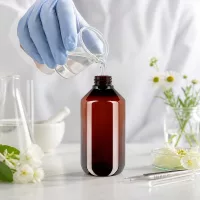 Runde PET Enghalsflasche 200ml bernsteinfarben mit weißem Sicherheitsverschluss
