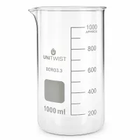 Klares hitzebestaendiges Becherglas 1000ml hohe Form mit Schreibfeld und Messskala UNITWIST