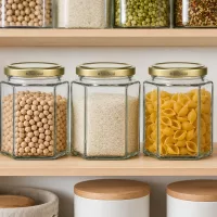 520g BioSeal Honiggläser hexagonal mit Golddeckel in Vorratsschrank gefüllt mit Kichererbsen Reis und Nudeln