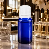 Hochwertige blaue 10ml Glasflasche mit weißem Sicherheitsverschluss für Kosmetikprodukte