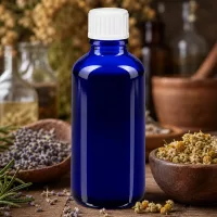 Blaue GR-Standardflasche 50ml Apothekerglas mit weißem Schraubverschluss im Naturheilkunde-Setting