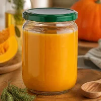 Herbstliche Kürbissuppe eingeweckt im 555ml UNiTWIST Glas mit grünem Deckel auf rustikalem Holztisch
