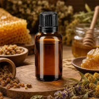 Kompakte 20ml Braunglasflasche GR OV schwarz 8mm zwischen Bienenwachs Kräutern und Harzkügelchen